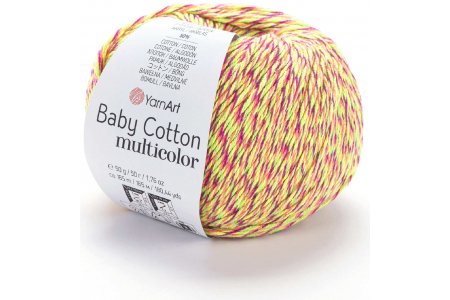 Пряжа YarnArt Baby cotton multicolor салатовый-малиновый меланж (5215), 50%хлопок/50%акрил, 165м, 50г