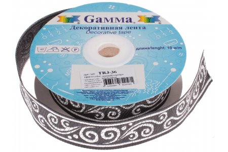 Лента жаккардовая отделочная Gamma с рисунком 22мм, метражом, черный-серебро, 100%полиэстер, 1м