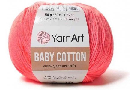 Пряжа YarnArt Baby cotton свето-коралловый неон (424), 50%хлопок/50%акрил, 165м, 50г