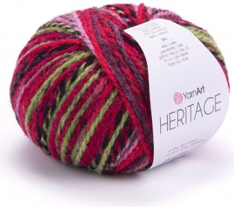 Пряжа Yarnart Heritage красный-салатовый-чёрный (336), 25%шерсть/75%акрил, 125м, 50г