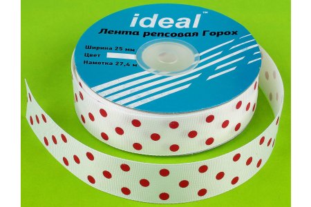 Лента атласная с рисунком Ideal Горошек 25мм, метражом, 8, белый-красный, 100%полиэстер, 1м