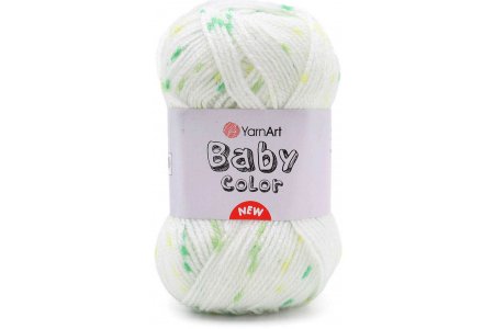 Пряжа Yarnart Baby Color белый с зелено-салатово-желтыми крапинками (216), 100%акрил, 150м, 50г