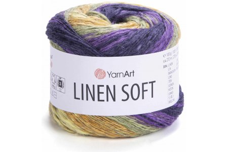 Пряжа YarnArt Linen soft меланж светло-желтый/горчица/светлый хаки/фиолетовый (7410), 30%лён/36%вискоза/34%хлопок, 272м, 100г