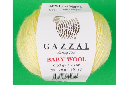 Пряжа Gazzal Baby Wool светло-желтый (833), 40%шерсть мериноса/20%кашемирПА/40%акрил, 175м, 50г