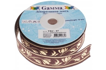 Лента жаккардовая отделочная Gamma с рисунком 22мм, метражом, коричневый, 100%полиэстер, 1м