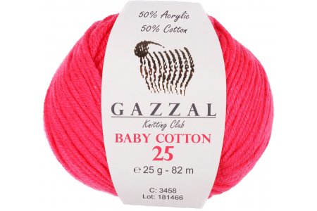 Пряжа Gazzal Baby Cotton 25 неоновый коралл (3458), 50%хлопок/50%акрил, 82м, 25г