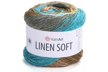 Пряжа YarnArt Linen soft меланж песочный-бирюза-мята-горчица (7409), 30%лён/36%вискоза/34%хлопок, 272м, 100г