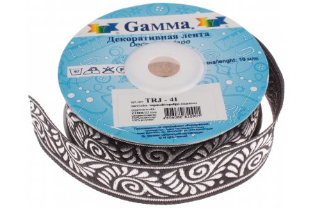 Лента жаккардовая отделочная Gamma с рисунком 22мм, метражом, черный-серебро, 100%полиэстер, 1м