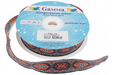 Лента жаккардовая отделочная Gamma с рисунком 18мм, метражом, черный-голубой, 100%полиэстер, 1м