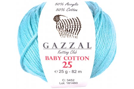 Пряжа Gazzal Baby Cotton 25 светлая бирюза (3452), 50%хлопок/50%акрил, 82м, 25г