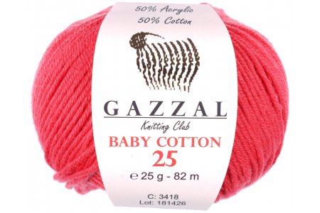 Пряжа Gazzal Baby Cotton 25 красный коралл (3418), 50%хлопок/50%акрил, 82м, 25г