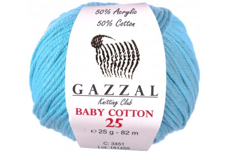 Пряжа Gazzal Baby Cotton 25 детский голубой (3451), 50%хлопок/50%акрил, 82м, 25г