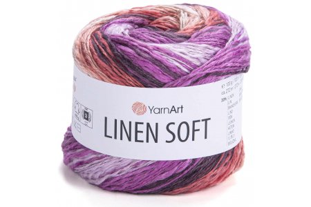 Пряжа YarnArt Linen soft меланж кремовый-коралл-сиреневый-ежевика (7413), 30%лён/36%вискоза/34%хлопок, 272м, 100г